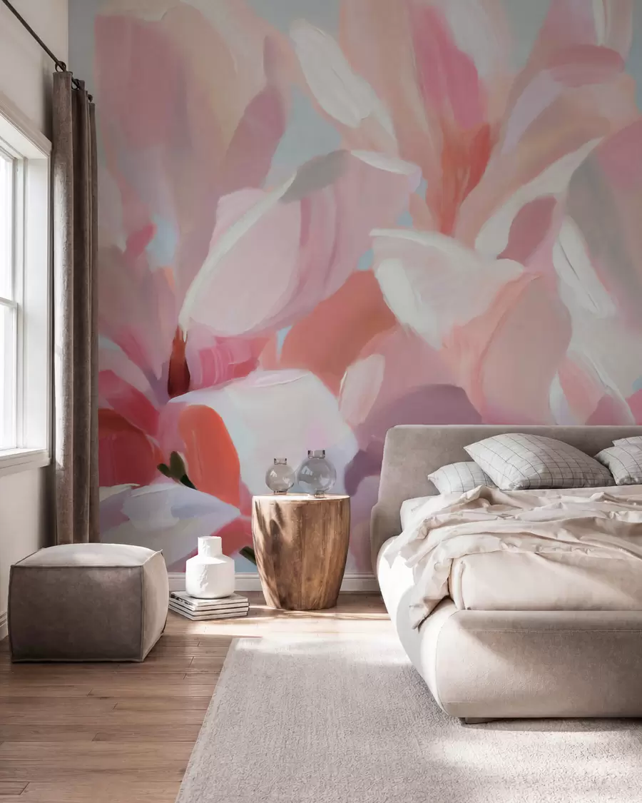 murales de pared Primer plano de una magnolia rosa, imitación de una técnica pictórica suave w10043
