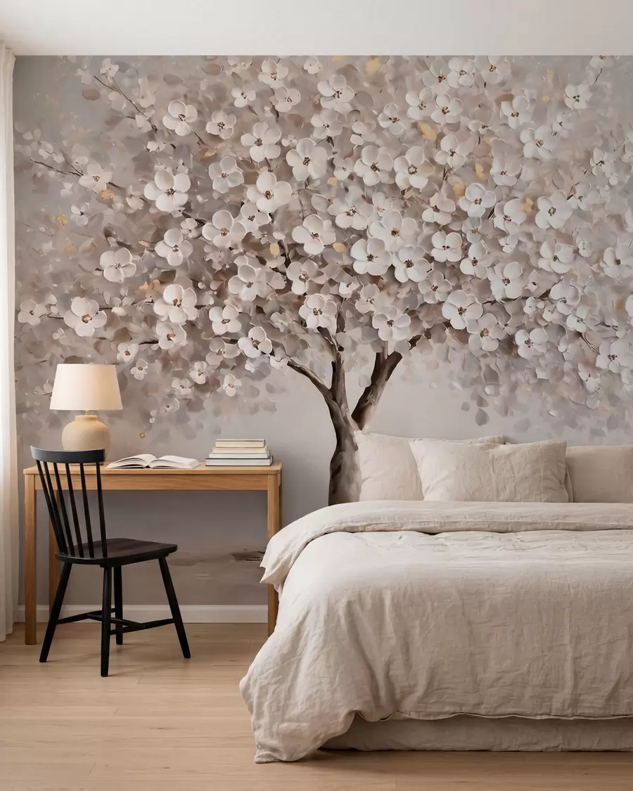 murales de pared Árbol en tonos pastel, de estilo pictórico al óleo, con pinceladas marcadas w10050