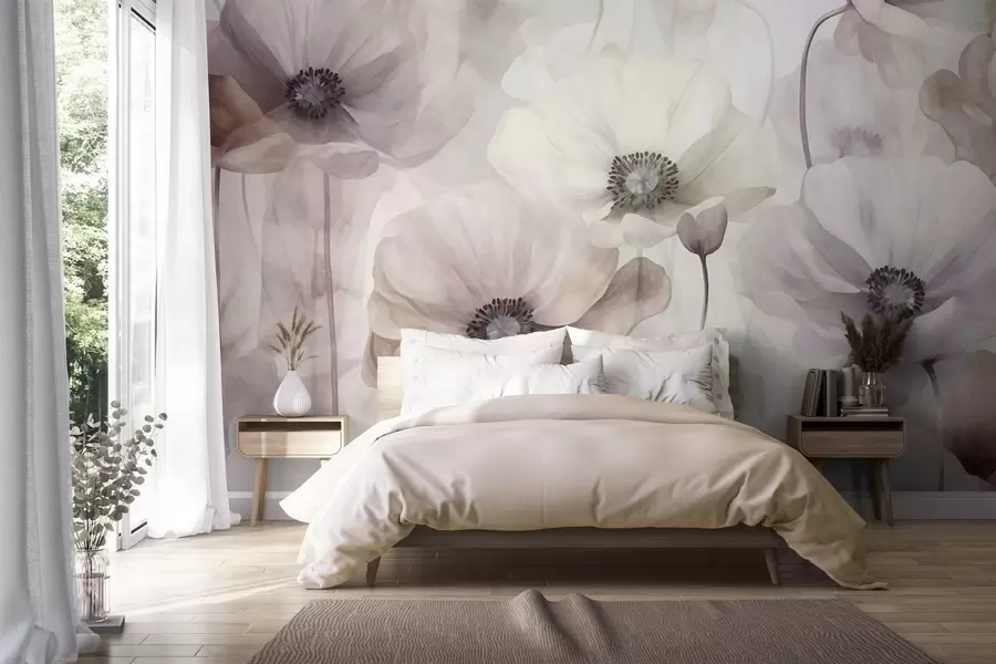 murales de pared Amapolas de color rosa pálido y beige con pétalos delicados w10029