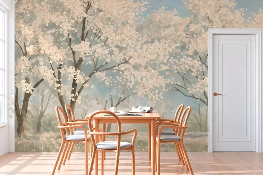 murales de pared Árboles pálidos en flor bajo un cielo azul claro w05897v1