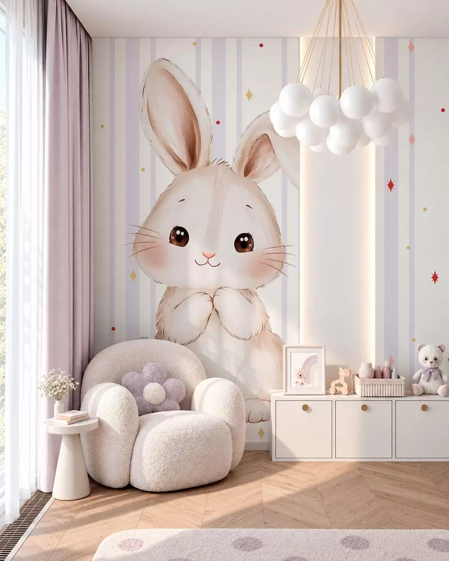murales de pared Un conejito muy mono sobre un fondo de rayas lilas y estrellas brillantes w05920v1