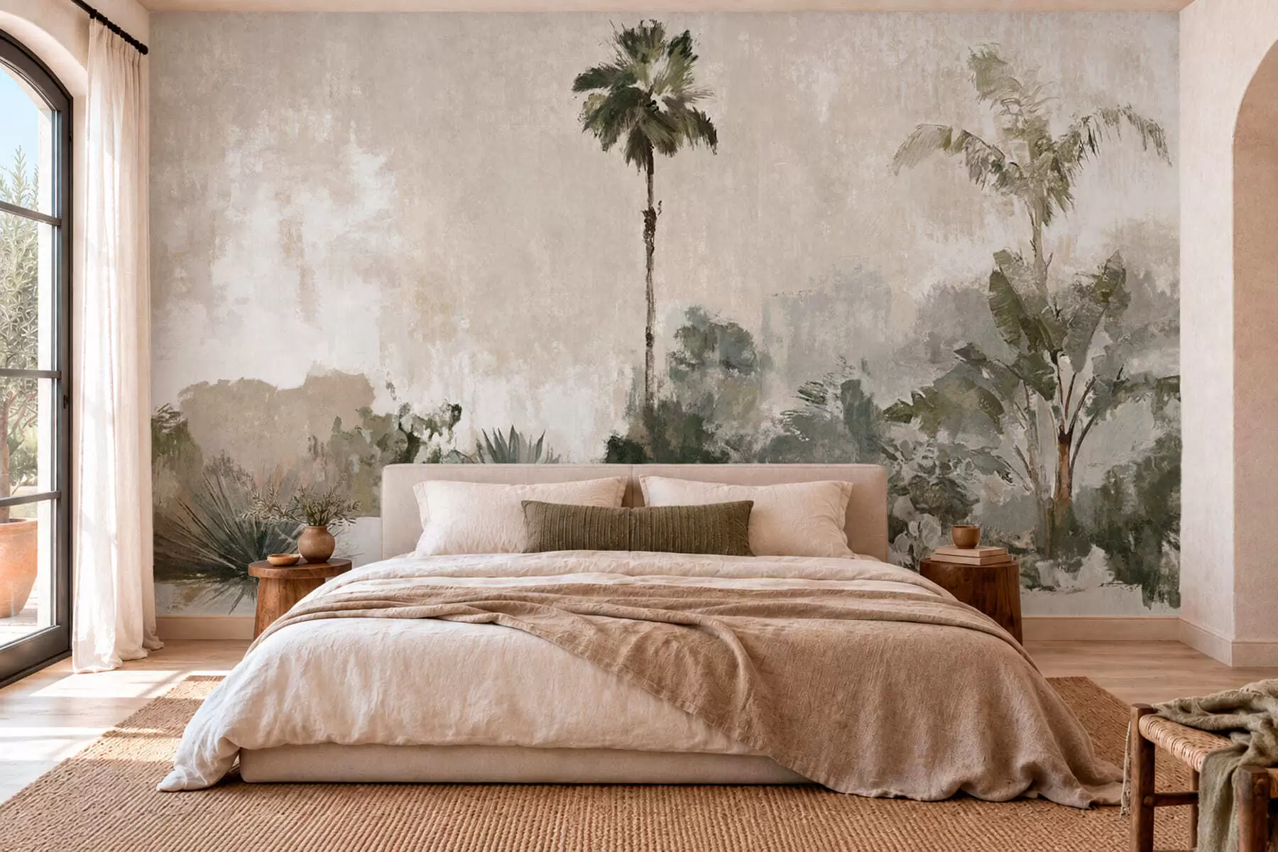 murales de pared Palmeras y vegetación tropical en tonos suaves w05921