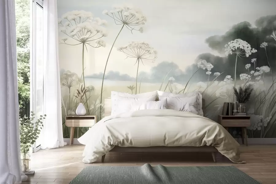 murales de pared Paisaje con flores silvestres y hierbas altas en un campo, colores apagados, con textura w10032