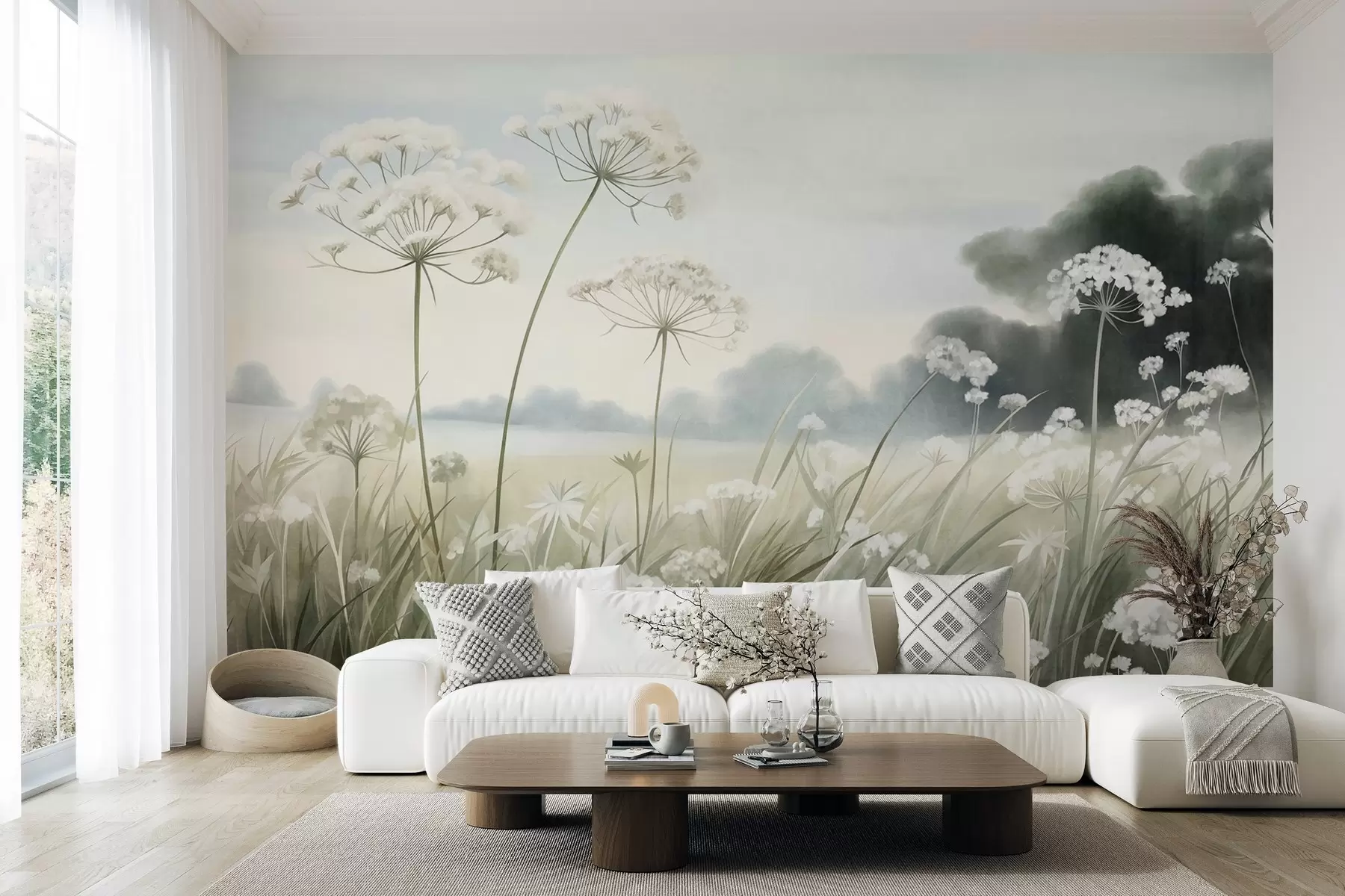 murales de pared Paisaje con flores silvestres y hierbas altas en un campo, colores apagados, con textura w10032