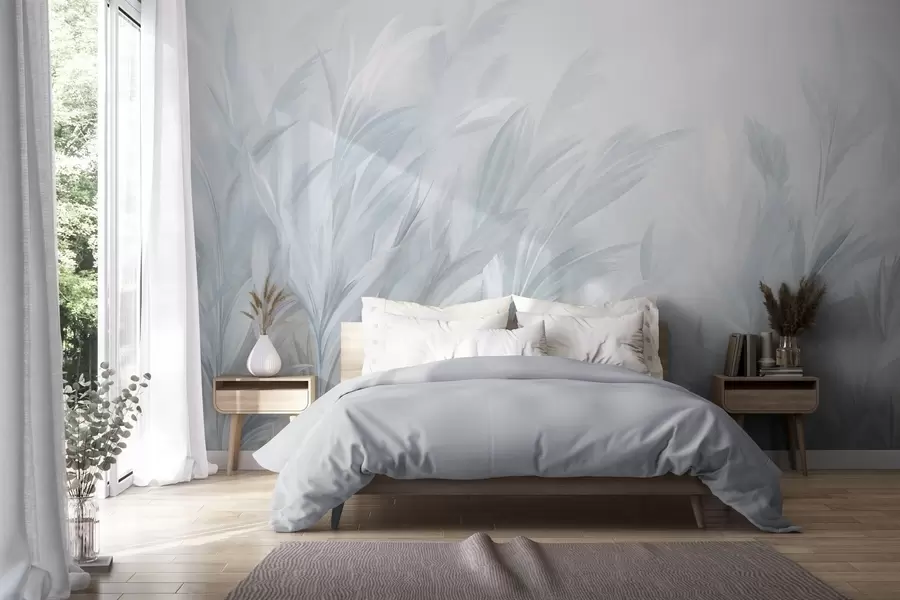 murales de pared Hierba alta y plumosa en suaves tonos azul pastel, con un fondo de textura ligera w10060v2