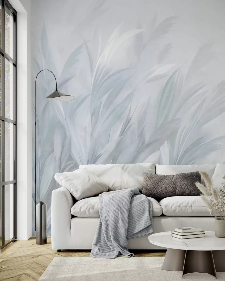 murales de pared Hierba alta y plumosa en suaves tonos azul pastel, con un fondo de textura ligera w10060v2