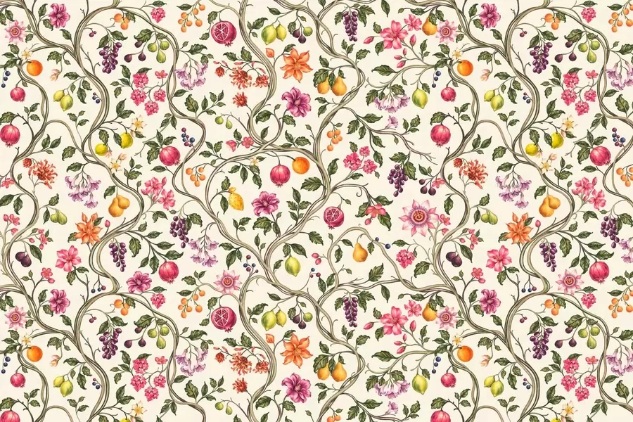 murales de pared Ramas entrelazadas con flores, frutos y hojas verdes w05862