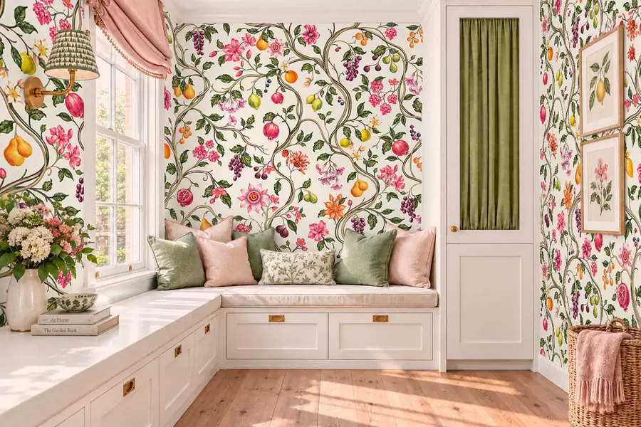 murales de pared Ramas entrelazadas con flores, frutos y hojas verdes w05862
