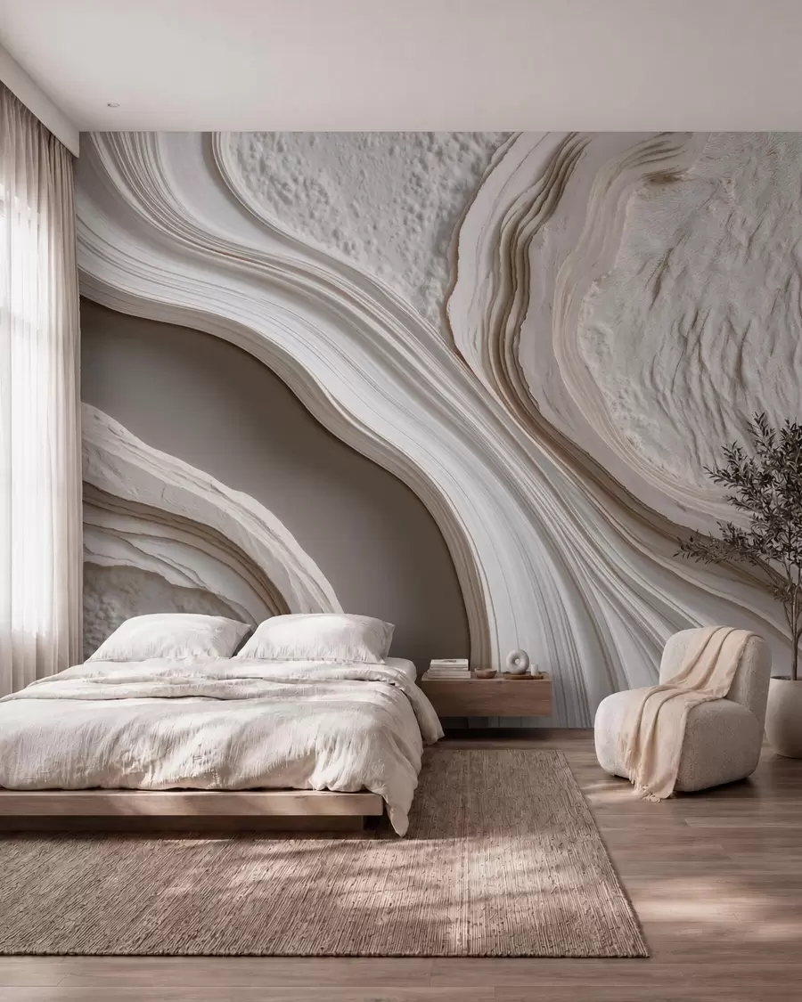 murales de pared Imitación de yeso con textura ondulada en tonos crema-beige con efecto 3D w10042