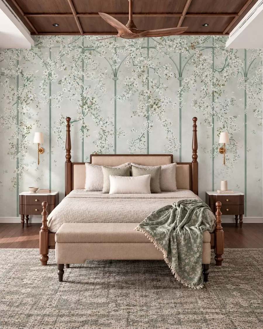 murales de pared Ramas con flores blancas sobre un enrejado decorativo verde w05923v2