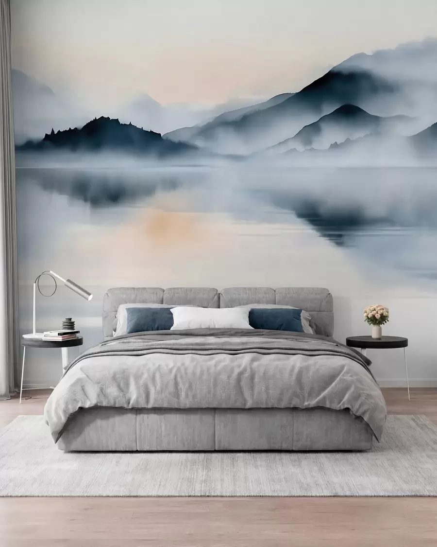 murales de pared Un lago con un telón de fondo de montañas envueltas en niebla, en estilo acuarela w10078