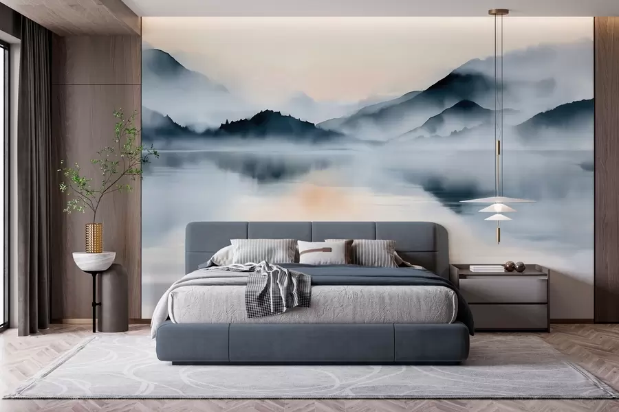 murales de pared Un lago con un telón de fondo de montañas envueltas en niebla, en estilo acuarela w10078