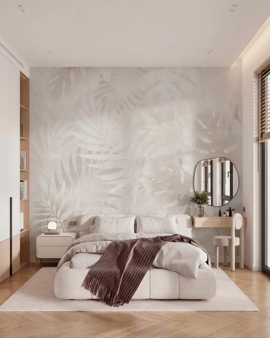 murales de pared Hojas tropicales con efecto grunge en tonos beige difuminados w10080