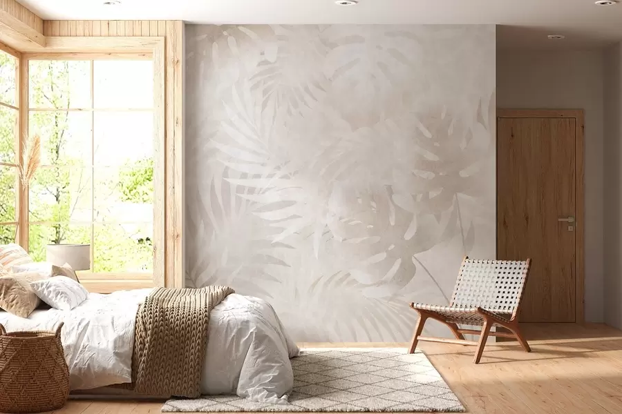 murales de pared Hojas tropicales con efecto grunge en tonos beige difuminados w10080