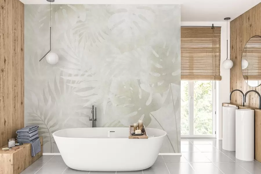 murales de pared Hojas tropicales con efecto grunge en tonos beige neutros w10080v1