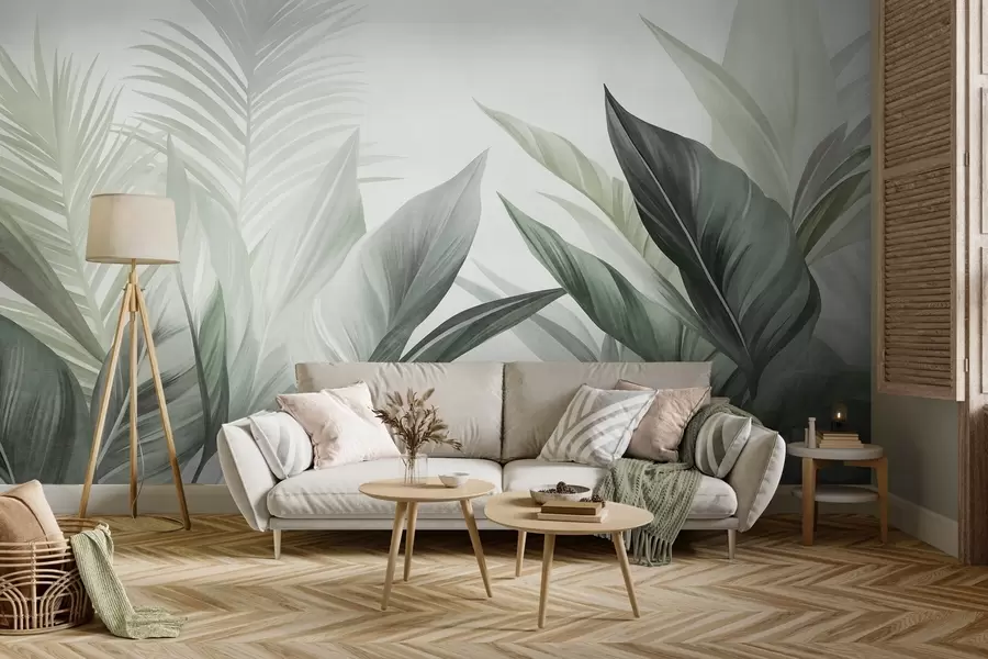 murales de pared Hojas tropicales en tonos verdes, con textura y de gran tamaño, arte moderno w10055v2
