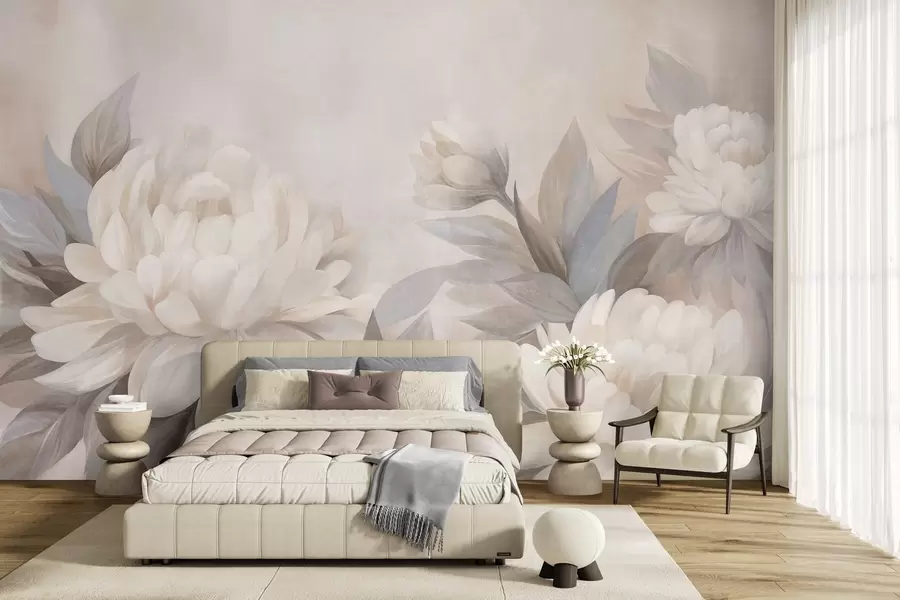 murales de pared Peonías con textura y hojas en tonos apagados, sobre un fondo en suaves tonos pastel w10061
