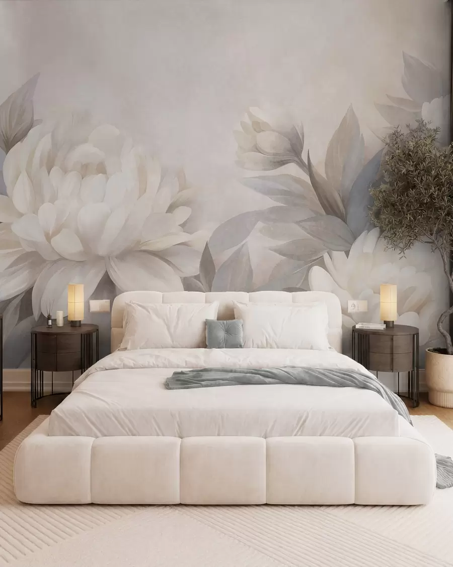 murales de pared Peonías con textura y hojas en tonos apagados, sobre un fondo en suaves tonos pastel w10061