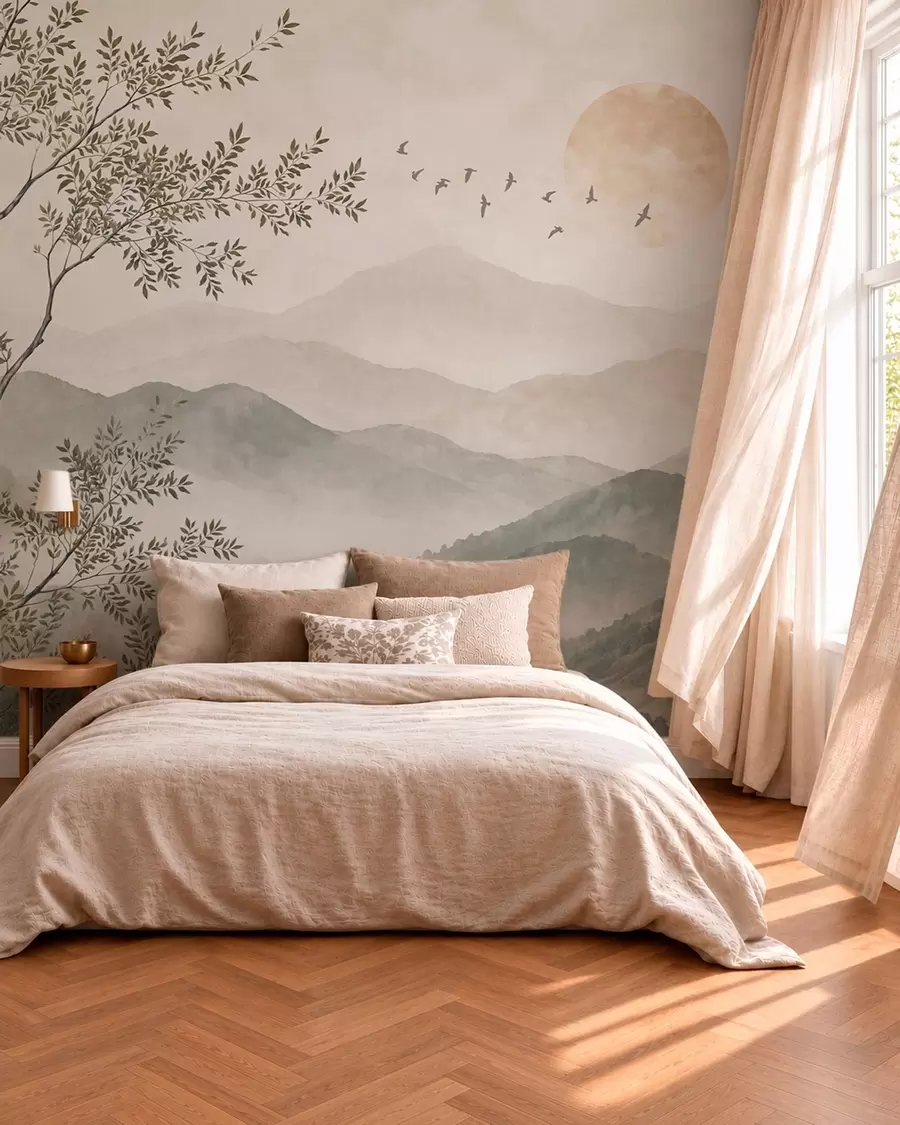 murales de pared Paisaje de montaña con un árbol, pájaros y el sol w05924