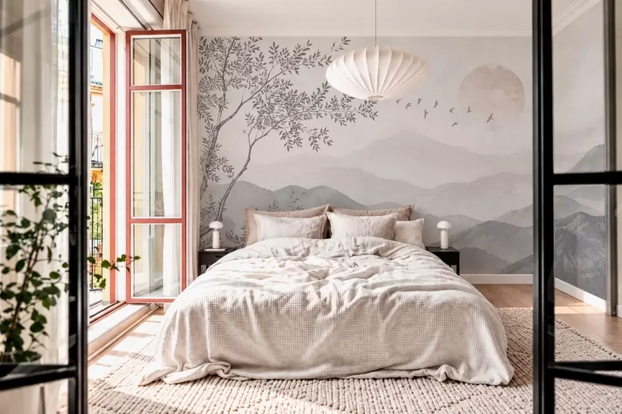 murales de pared Paisaje montañoso de tonos pálidos con un árbol y pájaros w05924v2