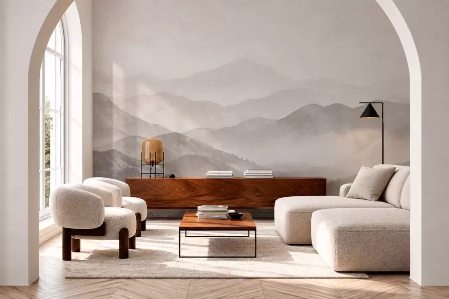 murales de pared Montañas brumosas en suaves tonos neutros w05925v1