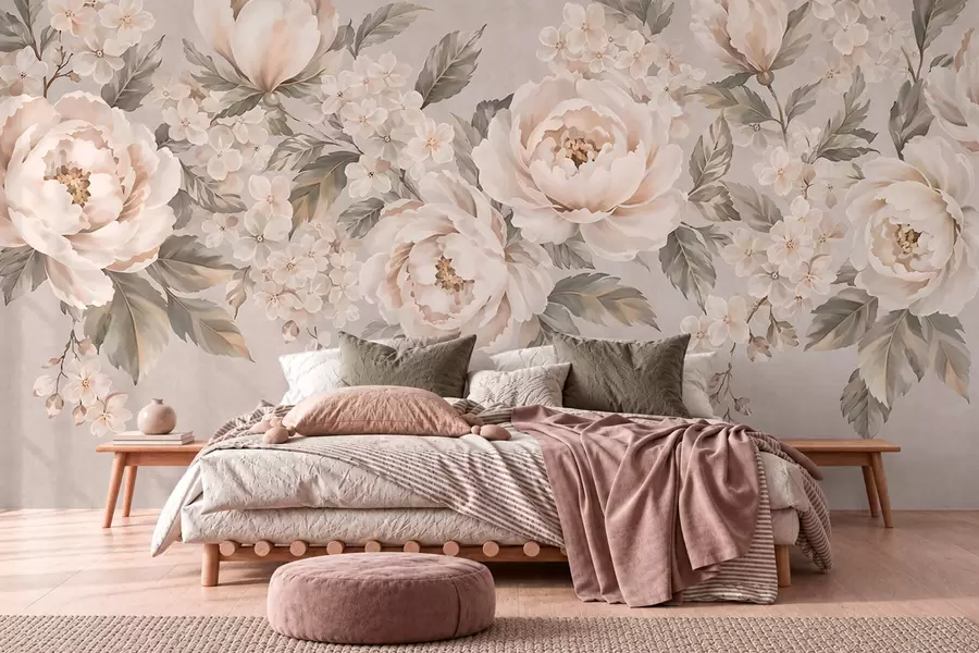 murales de pared Delicadas flores de color crema y hojas verdes en una gama de tonos pastel w05926