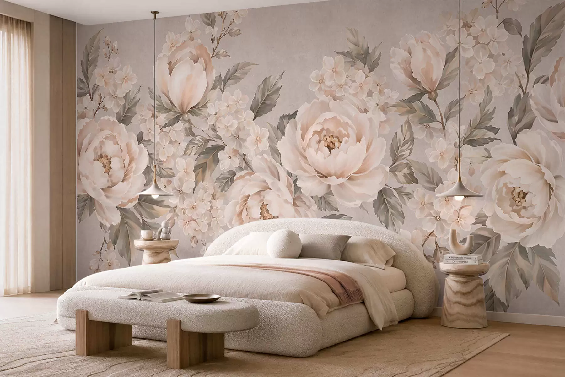 murales de pared Delicadas flores de color crema y hojas verdes en una gama de tonos pastel w05926