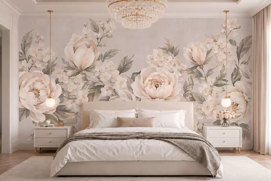 murales de pared Delicadas flores de color crema y hojas verdes en una gama de tonos pastel w05926