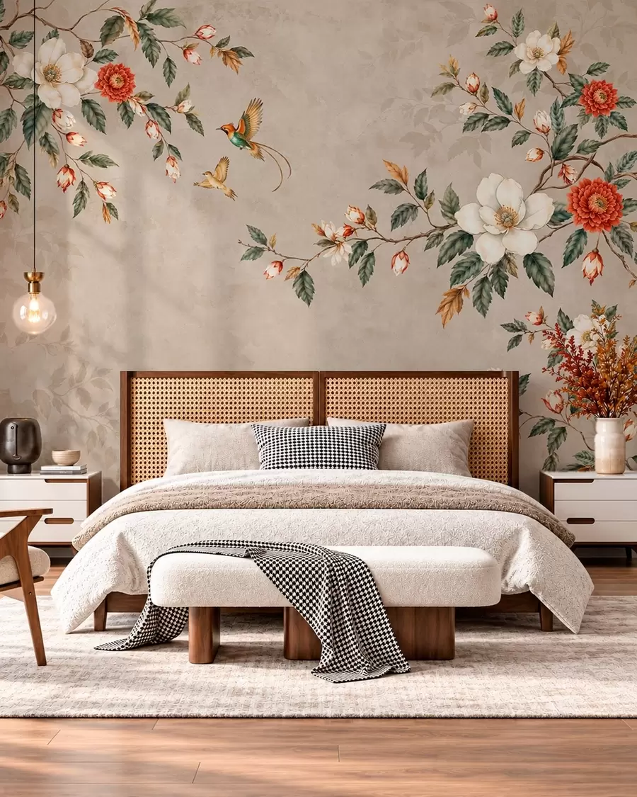 murales de pared Ramas en flor y dos pájaros sobre un fondo beige w05927v2