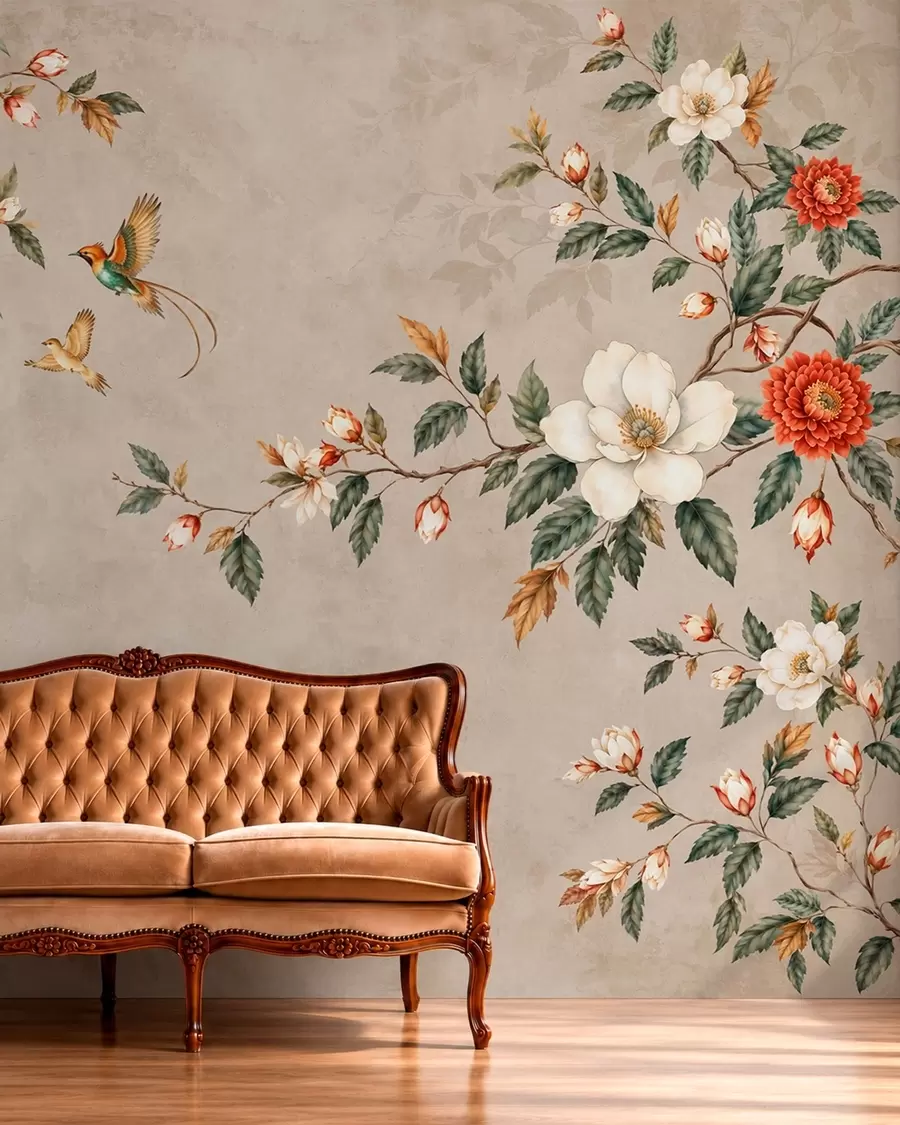 murales de pared Ramas en flor y dos pájaros sobre un fondo beige w05927v2