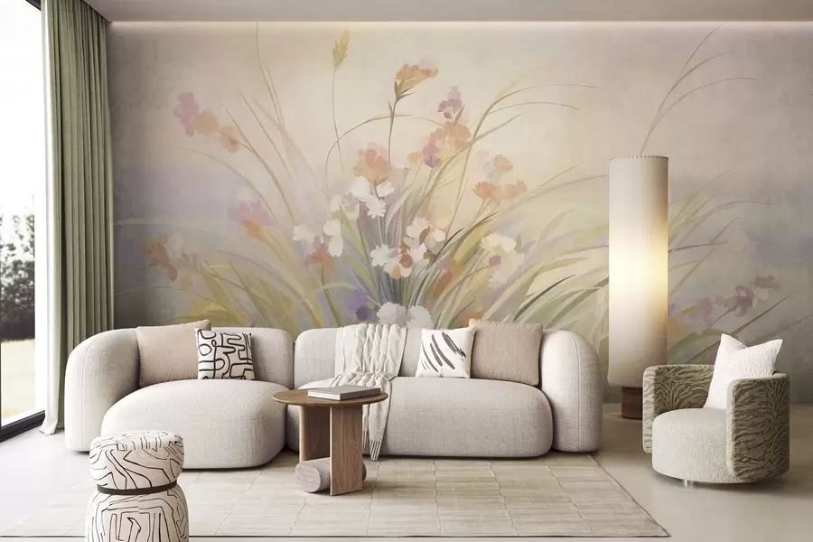 murales de pared Hierba alta y flores silvestres en suaves tonos pastel, obra de arte con textura w10062