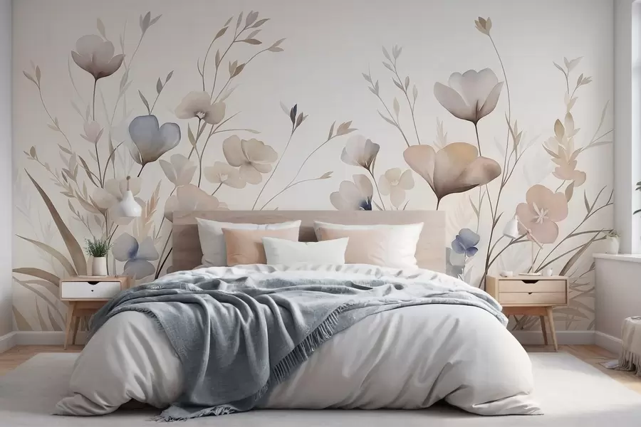 murales de pared Delicadas flores silvestres en tonos pastel de azul, rosa y beige, con hierba alta w10065