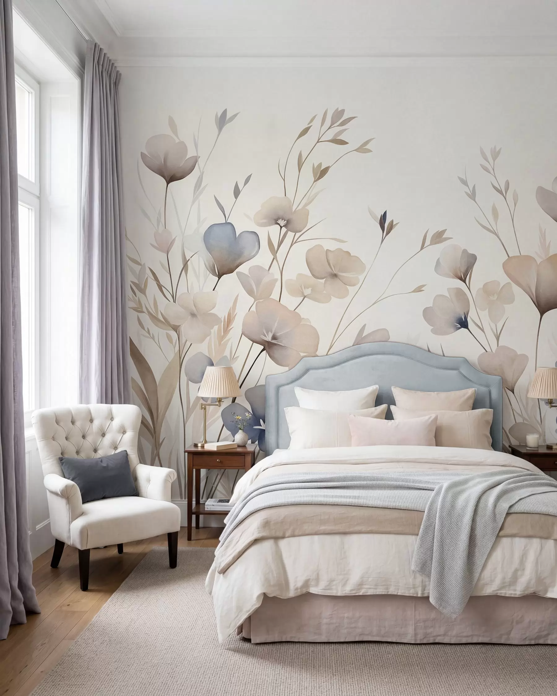 murales de pared Delicadas flores silvestres en tonos pastel de azul, rosa y beige, con hierba alta w10065