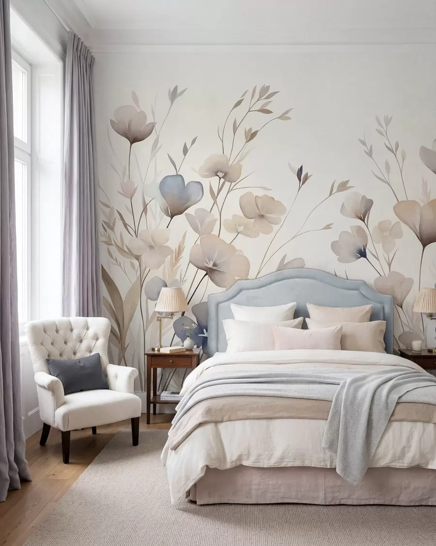 murales de pared Delicadas flores silvestres en tonos pastel de azul, rosa y beige, con hierba alta w10065