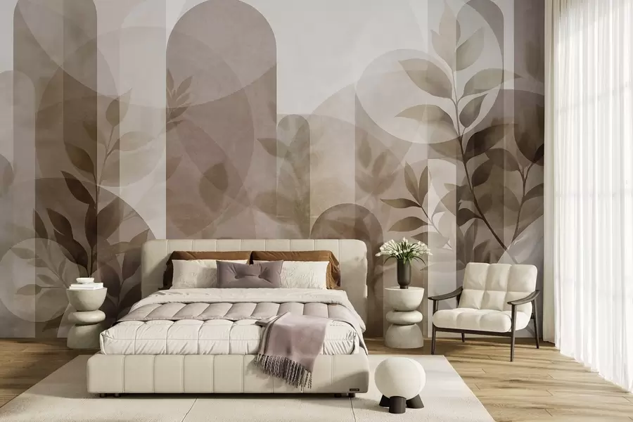 murales de pared Elementos geométricos abstractos y delicadas hojas en tonos apagados de marrón y beige w10088