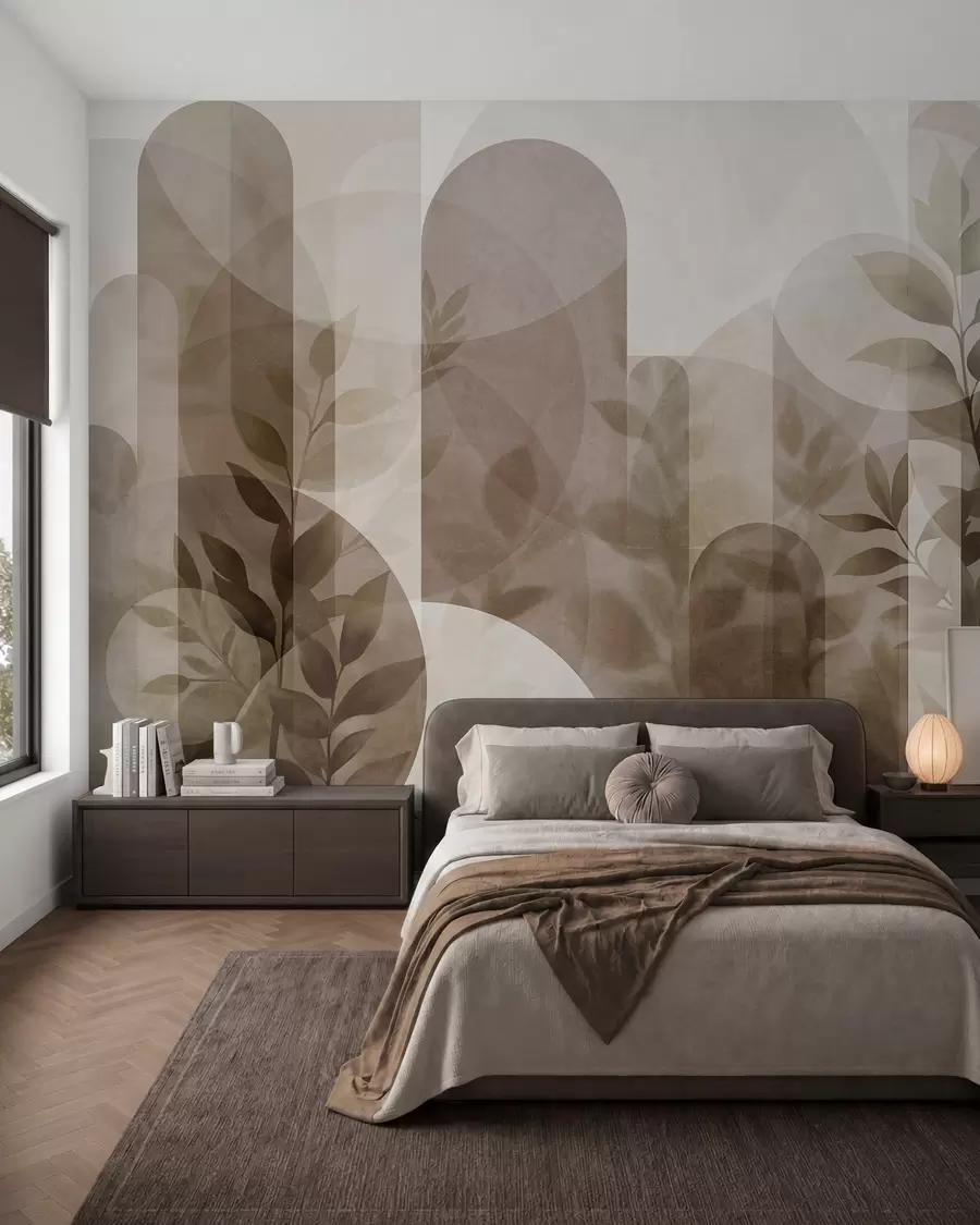 murales de pared Elementos geométricos abstractos y delicadas hojas en tonos apagados de marrón y beige w10088