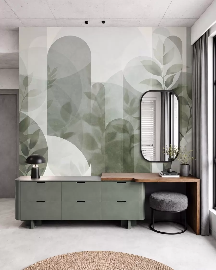murales de pared Elementos geométricos abstractos y delicadas hojas en tonos verdes apagados w10088v1