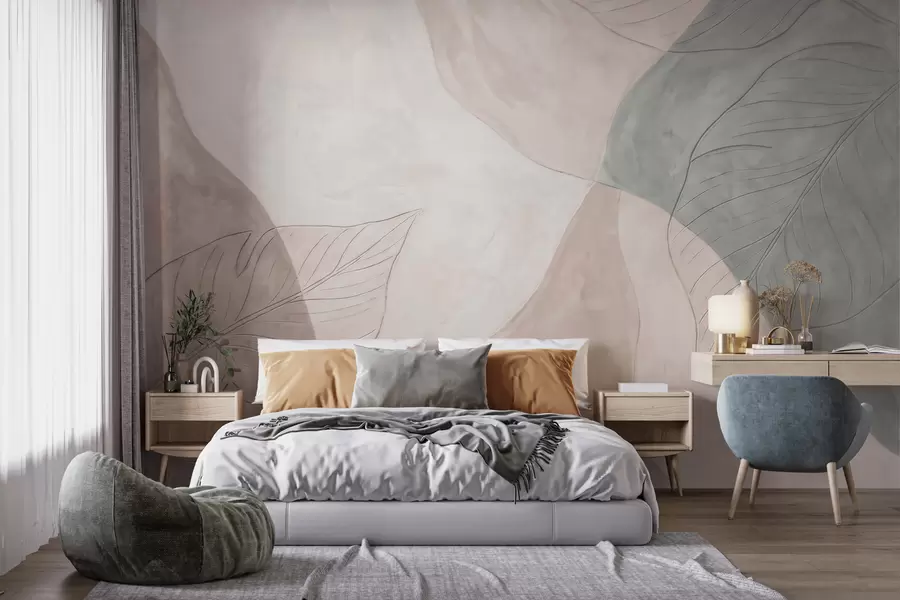 murales de pared Composición botánica abstracta con hojas grandes y formas orgánicas en tonos beige, crema y verde w10070
