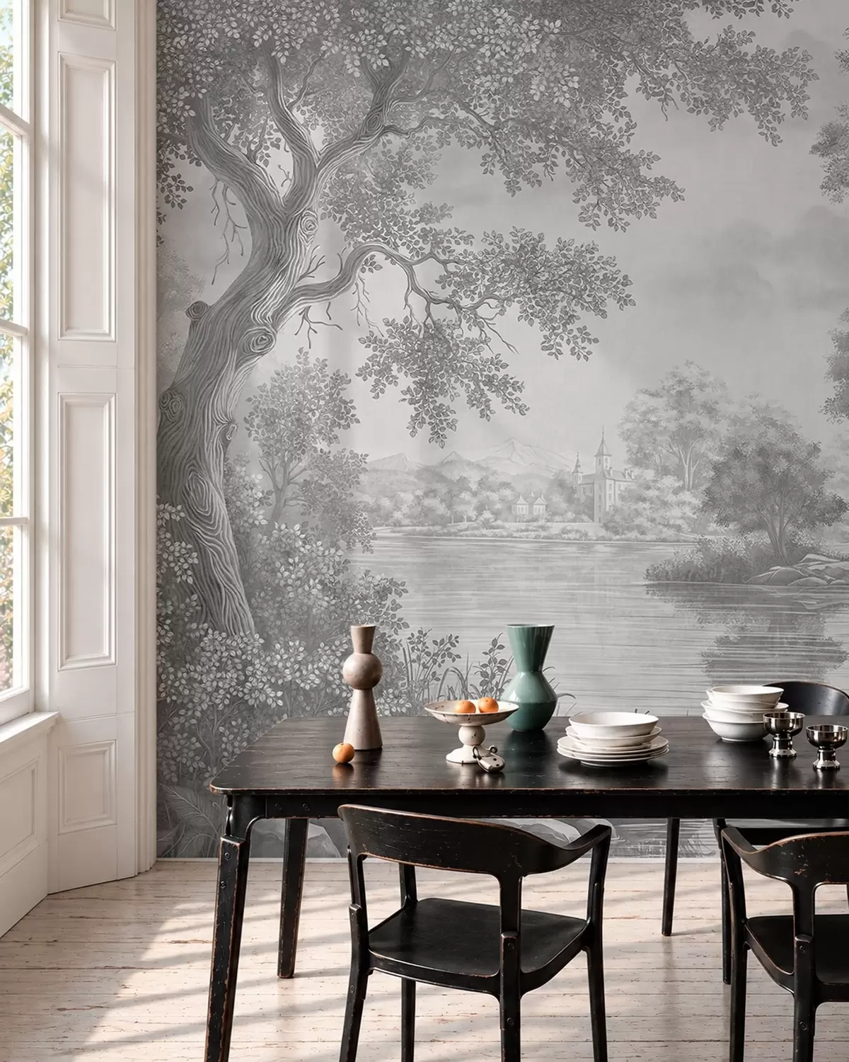 murales de pared Paisaje forestal gris con una garza junto al lago w05805v1