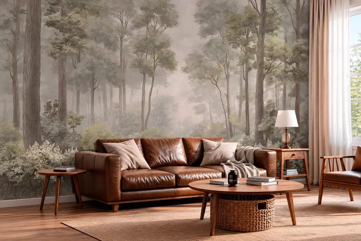 murales de pared Bosque brumoso con un sendero entre árboles y arbustos w05889v2
