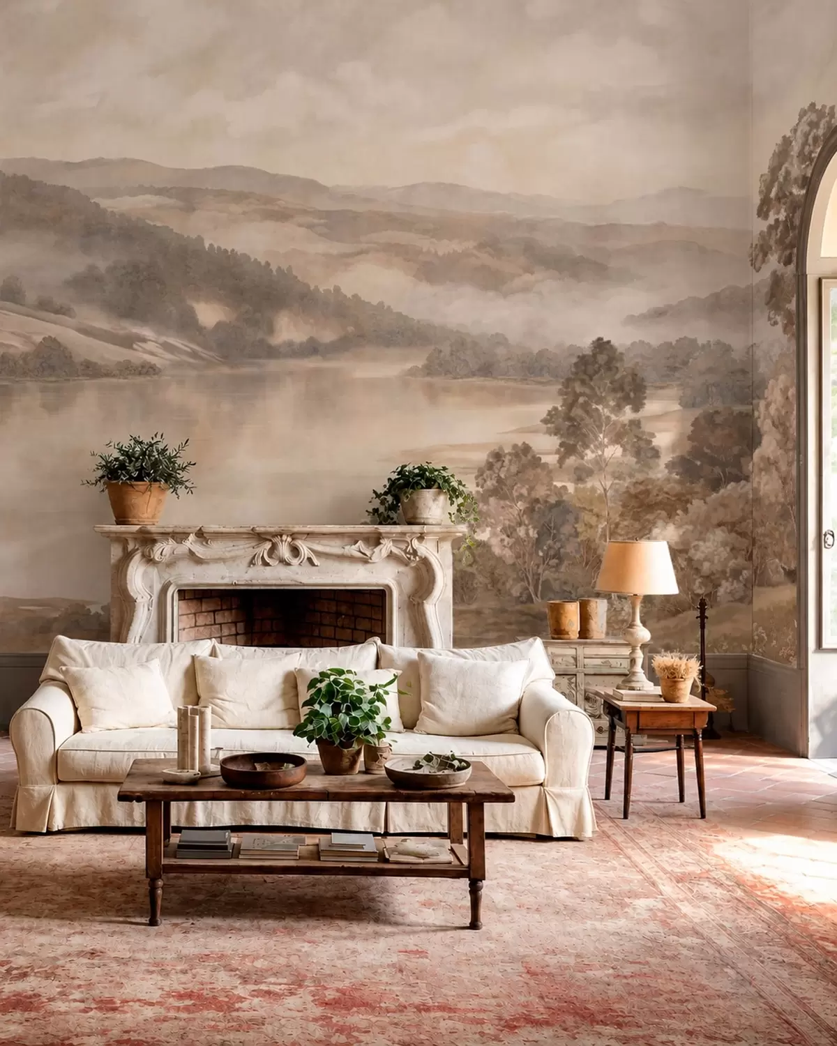 murales de pared Un lago rodeado de montañas boscosas en cálidos tonos pastel w05928v1