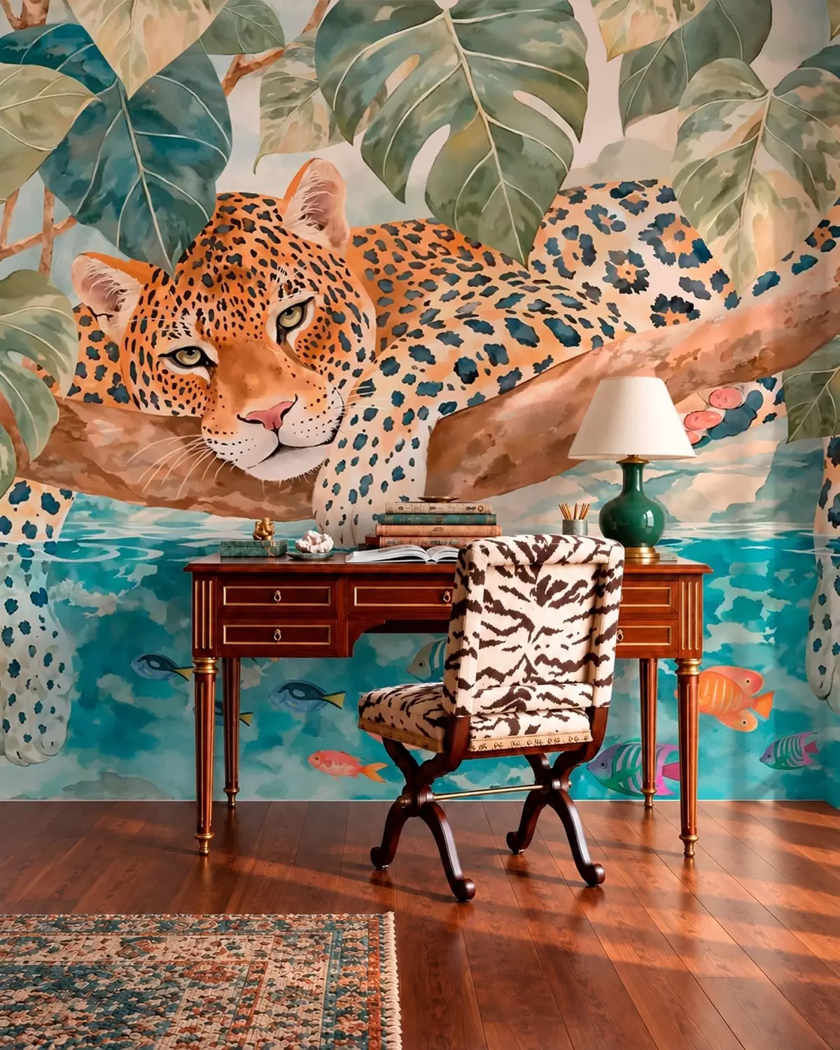 murales de pared Un leopardo en una rama sobre el agua con peces de colores w05954