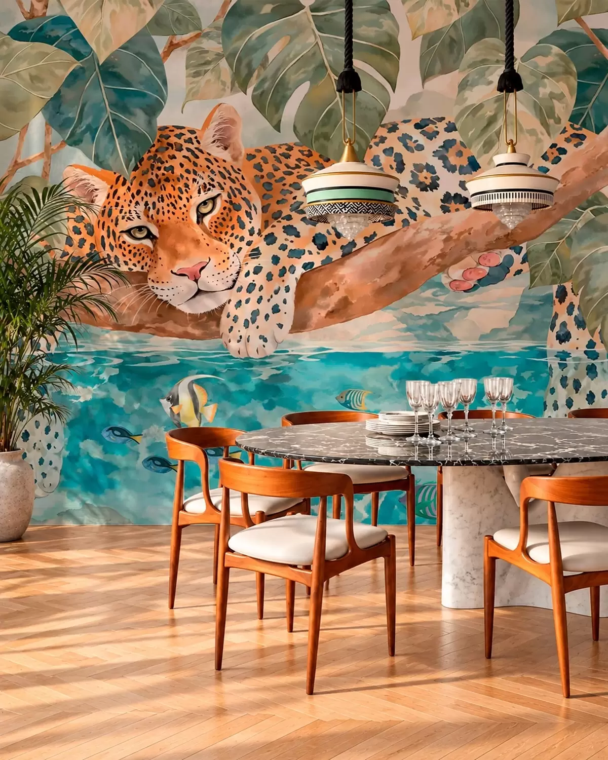 murales de pared Un leopardo en una rama sobre el agua con peces de colores w05954