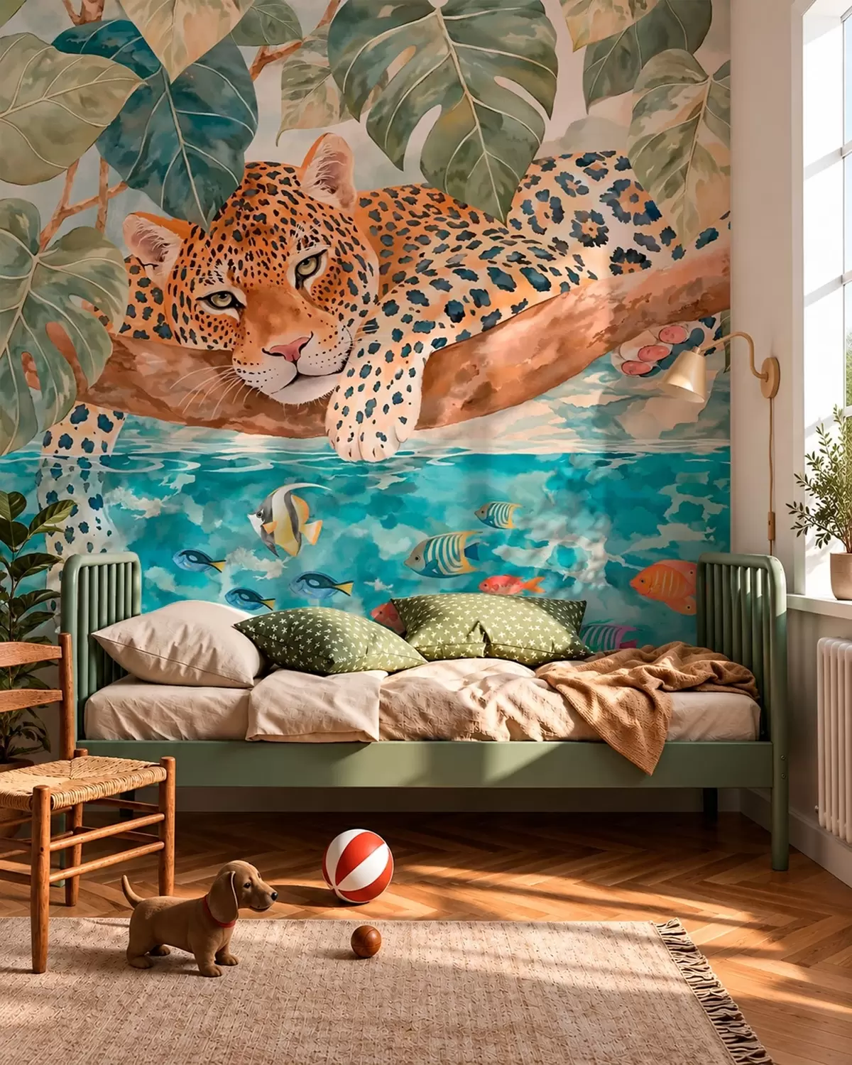 murales de pared Un leopardo en una rama sobre el agua con peces de colores w05954