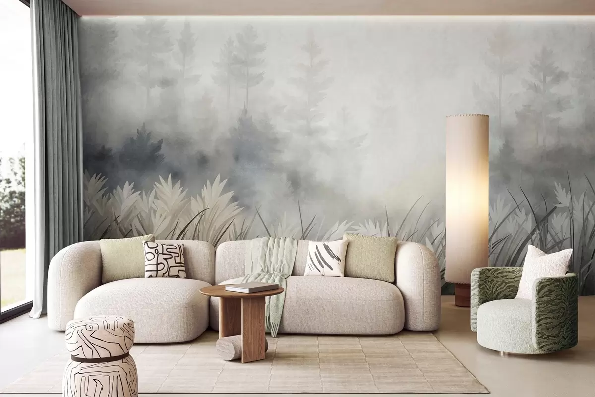 murales de pared Paisaje con hierba alta silvestre y un bosque de pinos, en un estilo minimalista con textura w10082