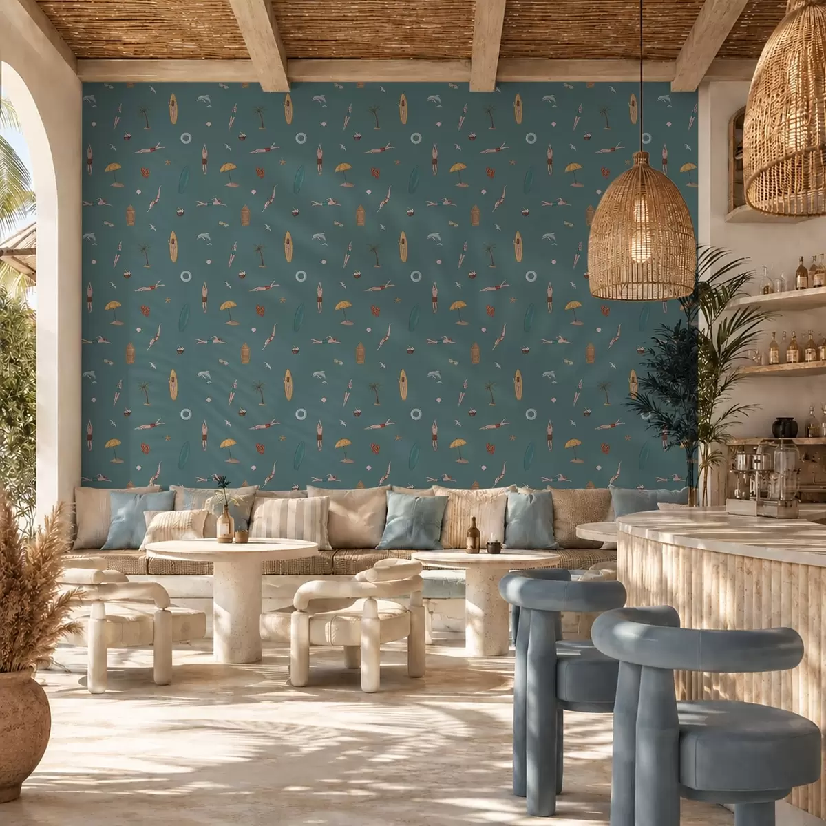 Papel pintado Nadadores, delfines y motivos tropicales sobre un fondo verde azulado oscuro a01275v3