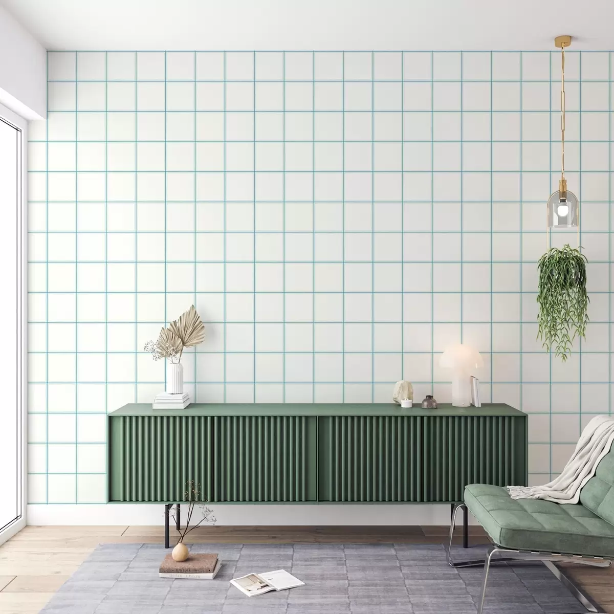 Papel pintado Cuadrícula de nueve cuadrados blancos con bordes azul claro a01277v1