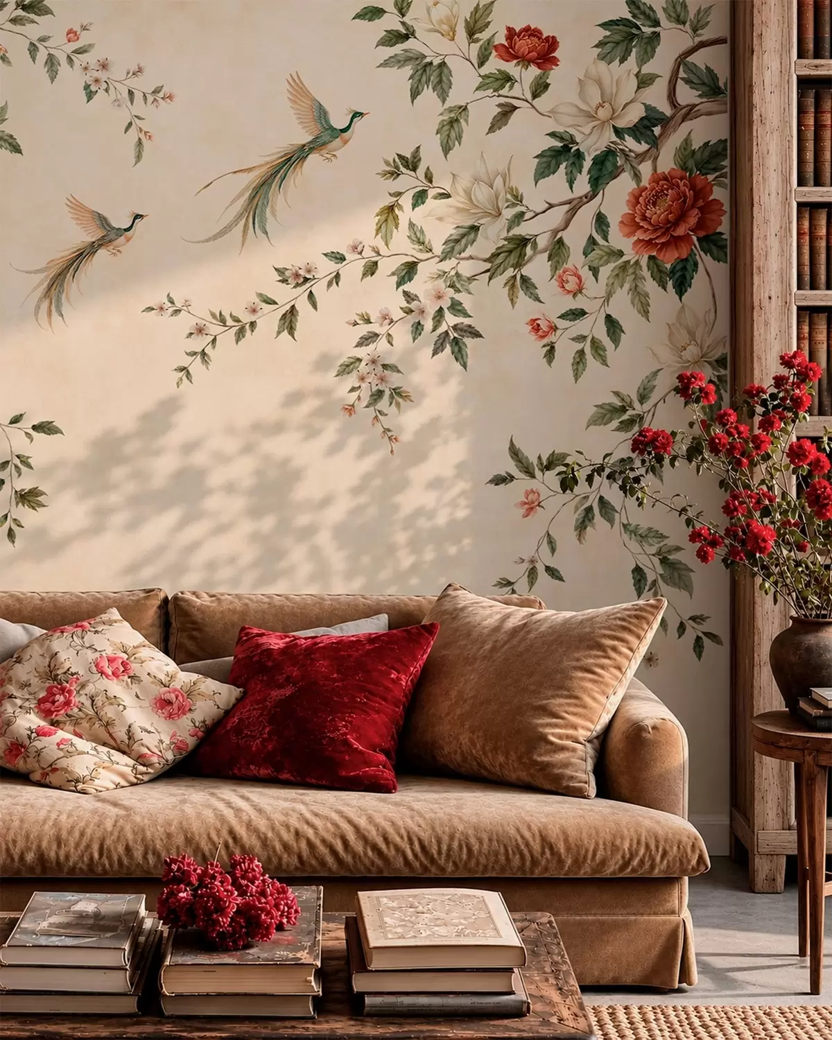 murales de pared Ramas en flor y aves del paraíso sobre un fondo color crema w05955