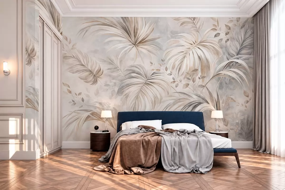 murales de pared Follaje tropical en suaves tonos beige y grises w05956