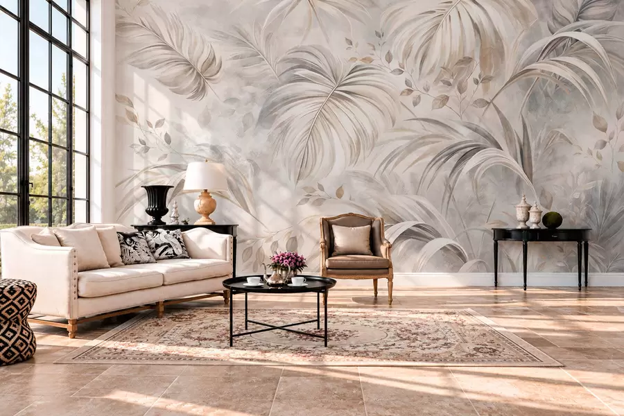 murales de pared Follaje tropical en suaves tonos beige y grises w05956